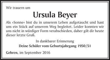 Traueranzeige von Ursula Beyer von Südthüringer Presse