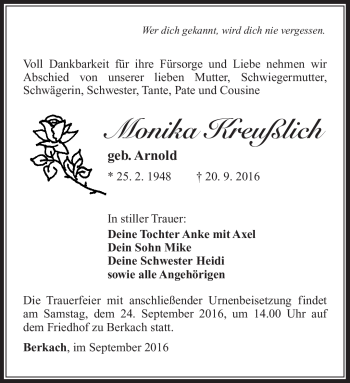 Traueranzeige von Monika Kreußlich von Südthüringer Presse