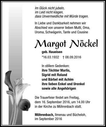 Traueranzeige von Margit Möckel von Südthüringer Presse