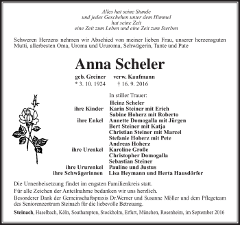 Traueranzeige von Anna Scheler von Südthüringer Presse