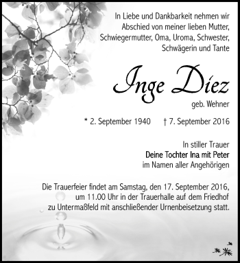 Traueranzeige von Inge Diez von Südthüringer Presse
