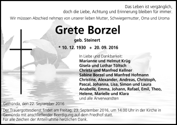 Traueranzeige von Grete Borzel von Neue Presse Coburg