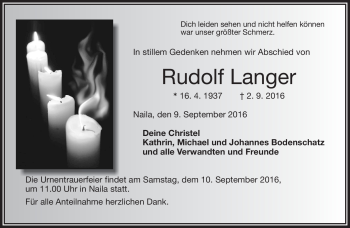 Traueranzeige von Rudolf Langer von Frankenpost