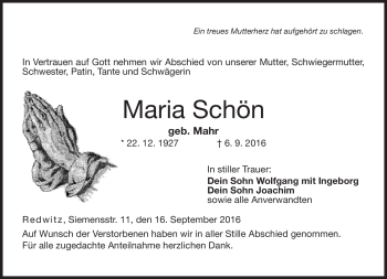 Traueranzeige von Maria Schön von Neue Presse Coburg
