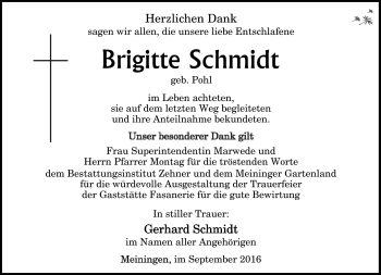 Traueranzeige von Brigitte Schmidt von Südthüringer Presse
