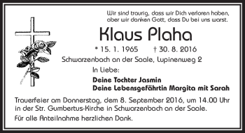 Traueranzeige von Klaus Plaha von Frankenpost