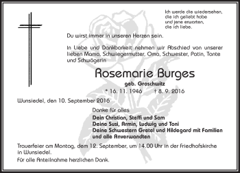 Traueranzeige von Rosemarie Burges von Frankenpost