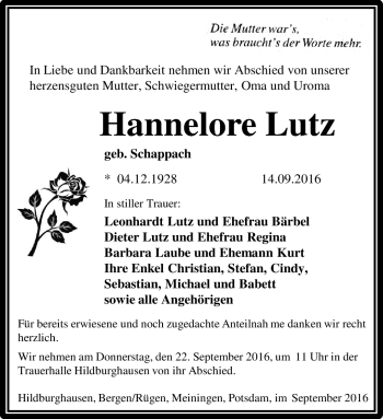Traueranzeige von Hannelore Lutz von Südthüringer Presse