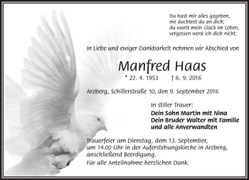 Traueranzeige von Manfred Haas von Frankenpost