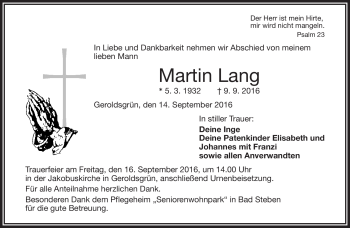 Traueranzeige von Martin Lang von Frankenpost