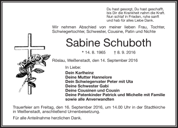 Traueranzeige von Sabine Schuboth von Frankenpost
