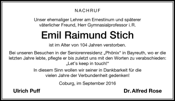 Traueranzeige von Emil Raimund Stich von Neue Presse Coburg