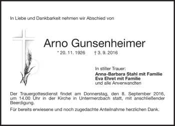 Traueranzeige von Arno Gunsenheimer von Neue Presse Coburg