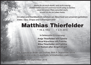 Traueranzeige von Matthias Thierfelder von Südthüringer Presse