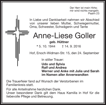 Traueranzeige von Anne-Liese Goller von Frankenpost