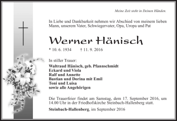Traueranzeige von Werner Hänisch von Südthüringer Presse