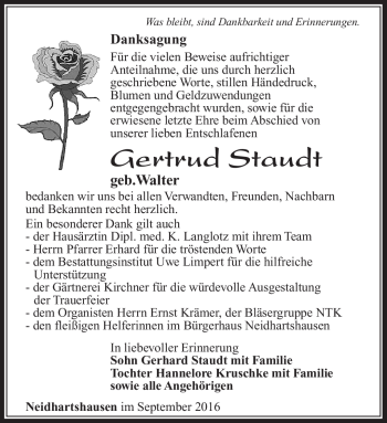 Traueranzeige von Gertrud Staudt von Südthüringer Presse