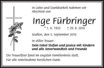 Traueranzeige von Inge Fürbringer von Frankenpost