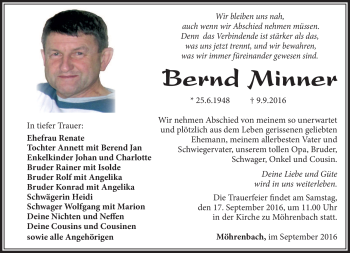 Traueranzeige von Bernd Minner von Südthüringer Presse