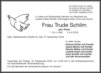 Traueranzeige von Traudl Schilm von Frankenpost