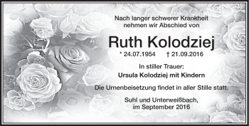 Traueranzeige von Ruth Kolodziej von Südthüringer Presse