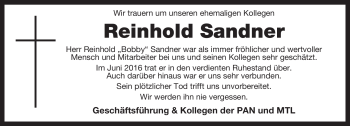 Traueranzeige von Reinhold Sandner von Frankenpost