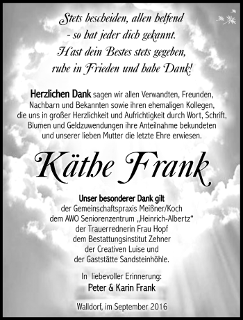 Traueranzeige von Käthe Frank von Südthüringer Presse