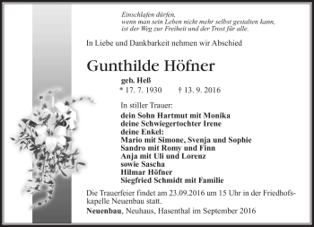 Traueranzeige von Gunthilde Höfner von Südthüringer Presse
