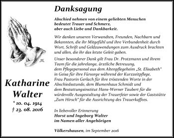 Traueranzeige von Katharine Walter von Südthüringer Presse