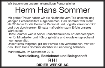Traueranzeige von Hans Sommer von Frankenpost