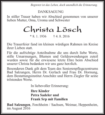 Traueranzeige von Christa Lösch von Südthüringer Presse