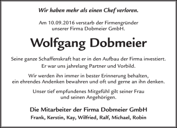 Traueranzeige von Wolfgang Dobmeier von Südthüringer Presse