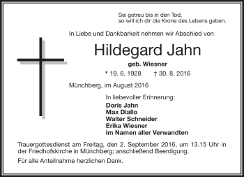 Traueranzeige von Hildegard Jahn von Frankenpost
