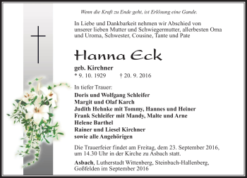 Traueranzeige von Hanna Eck von Südthüringer Presse
