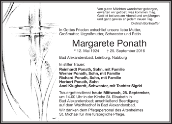 Traueranzeige von Margarete Ponath von Frankenpost