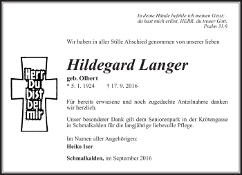 Traueranzeige von Hildegard Langer von Südthüringer Presse