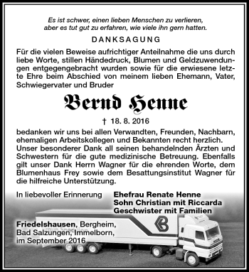 Traueranzeige von Bernd Henne von Südthüringer Presse