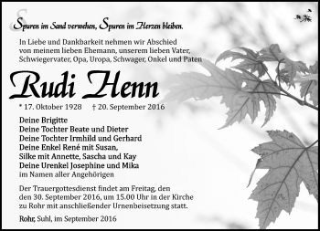 Traueranzeige von Rudi Henn von Südthüringer Presse
