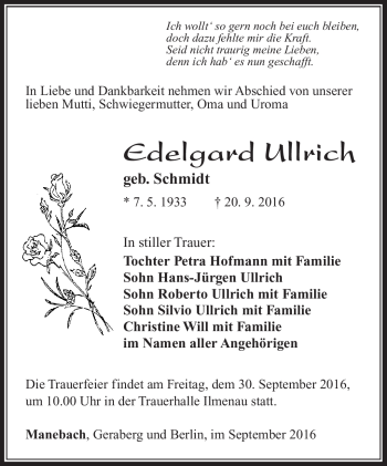 Traueranzeige von Edelgard Ullrich von Südthüringer Presse