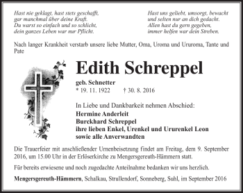 Traueranzeige von Edith Schreppel von Südthüringer Presse