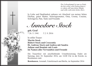 Traueranzeige von Annedore Stock von Südthüringer Presse