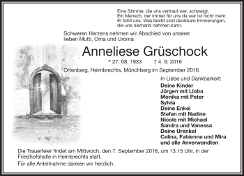 Traueranzeige von Anneliese Grüschock von Frankenpost