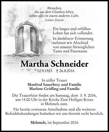 Traueranzeige von Martha Schneider von Südthüringer Presse