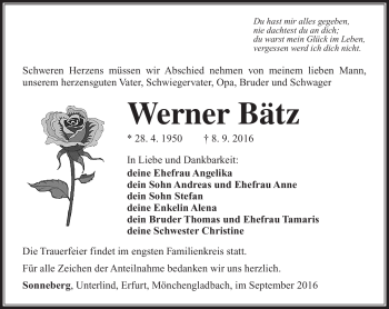 Traueranzeige von Werner Bätz von Südthüringer Presse