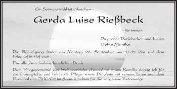 Traueranzeige von Gerda Luise Rießbeck von Frankenpost