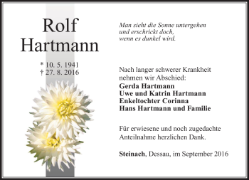 Traueranzeige von Rolf Hartmann von Südthüringer Presse