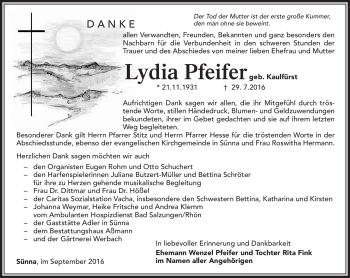 Traueranzeige von Lydia Pfeifer von Südthüringer Presse