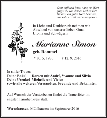 Traueranzeige von Marianne simon von Südthüringer Presse
