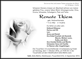 Traueranzeige von Renate Thiem von Südthüringer Presse