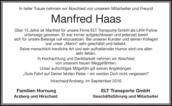 Traueranzeige von Manfred Haas von Frankenpost